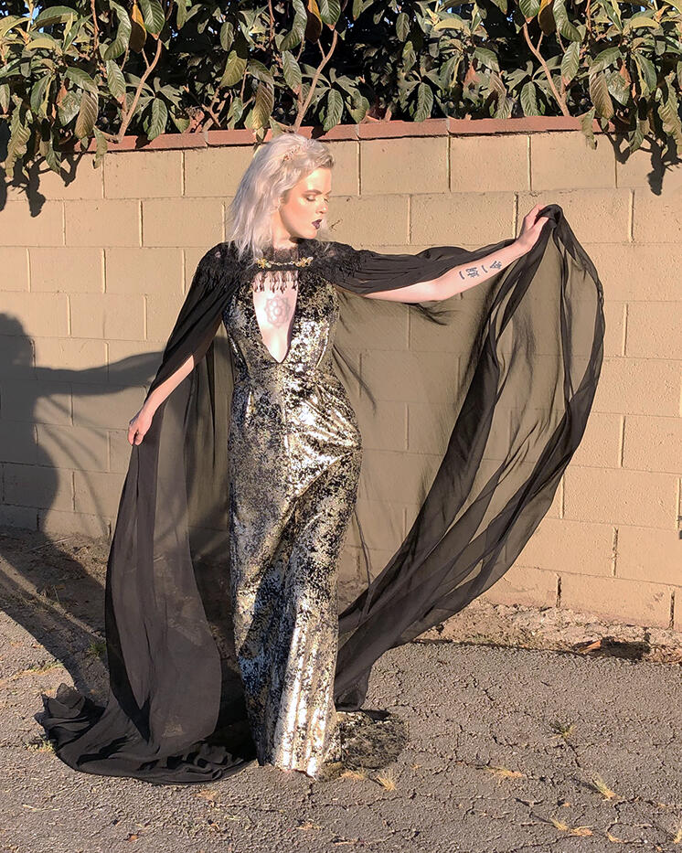 Gilded Witch | Plunging gown made in crushed velvet with gold foil and a chiffon cape